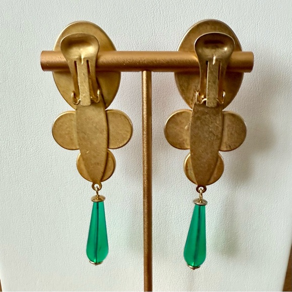 Vintage 80s Acrylic Matte Gold Dangle Cabochon Clip on Earrings Multicolor Drop - Picture 3 of 12